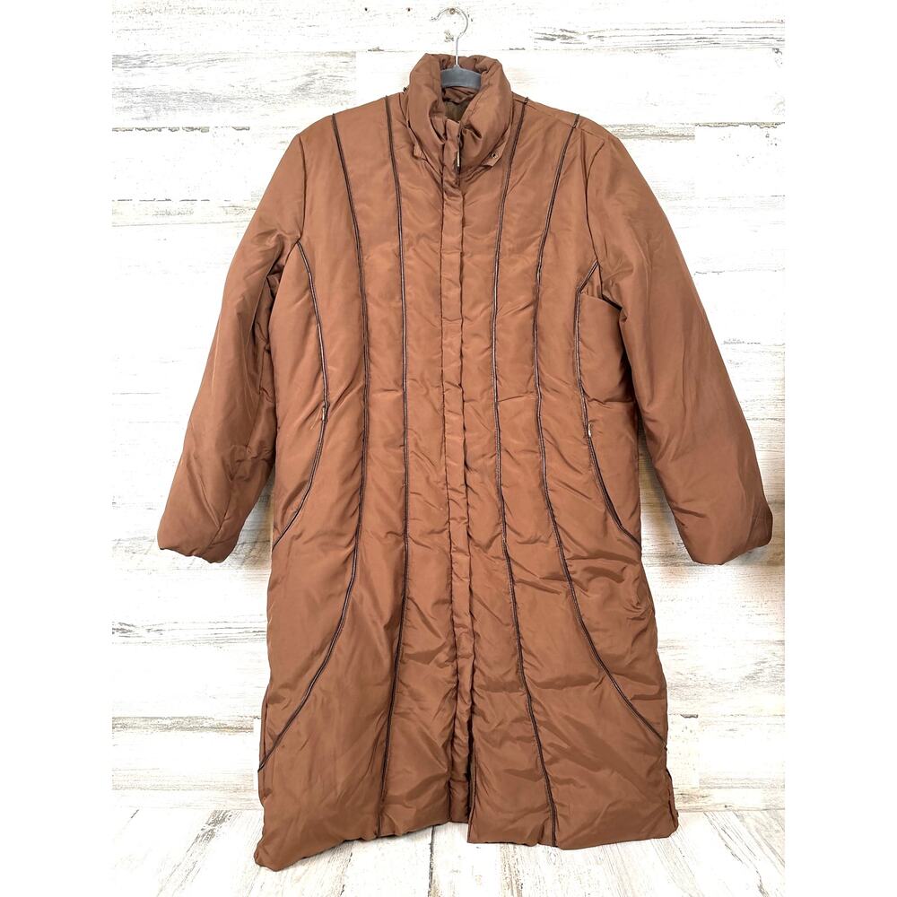 Via Spiga Womens M Caramel Brown Welted Long Down Puffer Jacket Winter Coat